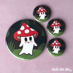 An original illustration of a sweet little ghost mushroom walking through a haunted forest. The spooky cute design by Sick On Sin is availabe on handpressed flair including pins, magnets and keychains.