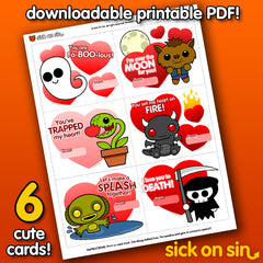 A sheet featuring 6 spooky cute Valentine Cards featuring characters such as Werewolf, Ghost and Grim Reaper. These horror love cards by Sick On Sin come as a printable digital file. 