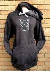 Cute Black Cat design on a dark grey pullover hooded sweatshirt by Sick On Sin