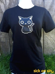 Cute Black Cat design on a women's black tshirt by Sick On Sin