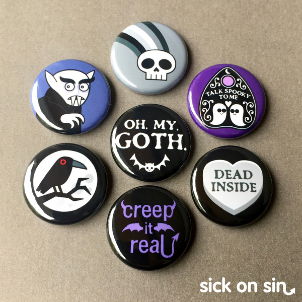 Goth Buttons, Wicca Lot of 5-1.25 Emo Button, Goth 5 Button Set, Badge,  Magnet, Pins 