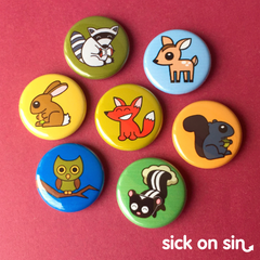 A fun set of pins / magnets featuring a series of cute forest animal original designs (e.g. fox, squirrel, deer, owl, bunny) by Sick On Sin