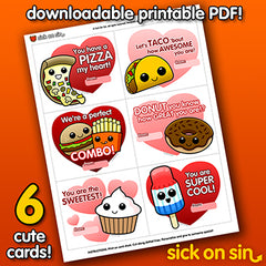 A set of printable valentine love cards featuring 6 fun food original designs by Sick On Sin.