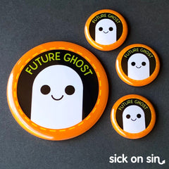 A cute original illustration of a little ghost with the phrase FUTURE GHOST above it. This design by Sick On Sin is available on pins, magnets, keychains, etc.