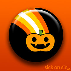 A cute illustration of a happy jackolantern pumpkin with a candy corn coloured rainbown behind it. Halloween Rainbow is an original design by Sick On Sin available on pins, magnets, keychains, etc.