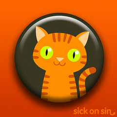 Illustration of a cute orange cat with big green eyes. Original design by Sick On Sin available on pins, magnets, keychains, etc.