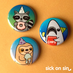 A fun set of pins / magnets featuring a series of cute original Party Animal designs (sloth, shark and raccoon) by Sick On Sin