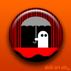 A creepy cute original design of a white ghost holding an umbrella in a shower of blood. Available on pins, magnets, keychains, etc. by Sick On Sin.
