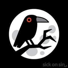 A cute original design of a raven sitting on a branch in front of a full moon. Design is available on kid black tees by Sick On Sin.