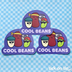 A group of cute stickers that feature an illustration of a trio of beans with the phrase Cool Beans. An original design by Sick On Sin.