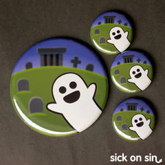 A cute little ghost photobombing a photo of a cemetery with gravestones. An original design by Sick On Sin available on pins, magnets, keychains, etc.