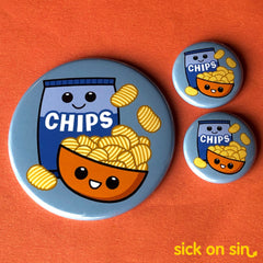 A cute illustration of a smiling bag of chips and a happy bowl overflowing with potato chips. An original design by Sick On Sin available on pins, magnets, keychains, etc.