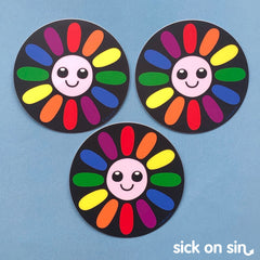 Vinyl stickers featuring a cute rainbow daisy original design by Sick On Sin
