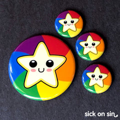 An original illustration of a smiling star with a rainbow background. This cute design by Sick On Sin is availabe on handpressed flair including pins, magnets and keychains.