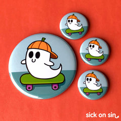 An original design of a cute little ghost wearing a pumpkin hat and riding a green skateboard. This spooky fun design by Sick On Sin is available on pins, magnets, keychains, etc.