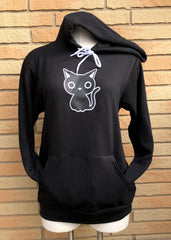 Cute Black Cat design on a black pullover hooded sweatshirt by Sick On Sin