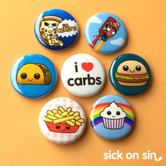 A fun set of pins / magnets featuring a series of yummy carb food (e.g pizza, fries and tacos) original designs by Sick On Sin