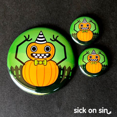 Creepy cute Halloween design of a pumpkin dude wearing a party hat and bow tie.  Festive Pumpkin Fiend is an original design available on pins, magnets, keychains, etc. by Sick On Sin.