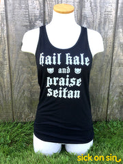 Hail Kale and Praise Seitan design on either a black unisex or women's fit tank top. Cute original design by Sick On Sin.