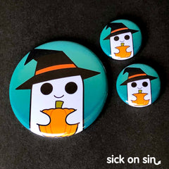 Cute design of ghost wearing a witch hat and holding a pumpkin.  Halloween Party Ghost is an original design available on pins, magnets, keychains, etc. by Sick On Sin.