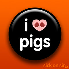 An I Love Pigs designs where the heart is a pig's nose. A cute original design by Sick On Sin available on pins, magnets, keychains, etc.