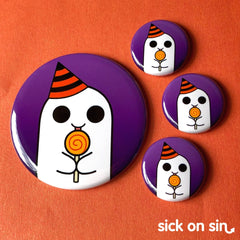 A creepy cute design of a ghost licking a lollipop wearing a Halloween party hat by Sick On Sin