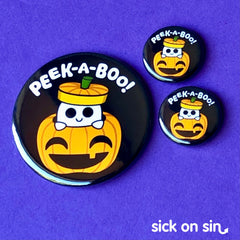 Cute design of ghost hiding in a pumpkin with the phrase Peek A Boo! An original design available on pins, magnets, keychains, etc. by Sick On Sin.