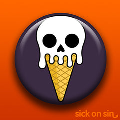 A cute illustration of a ice cream cone in shape of a dripping skull. Skull Ice Cream is an original design by Sick On Sin available on pins, magnets, keychains, etc.