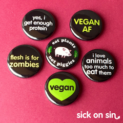 A fun set of one inch buttons / magnets featuring cute vegan / plant eater original designs by Sick On Sin