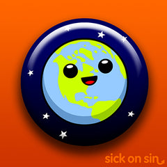 Cute Earth design on pins, keychains, magnets, etc. by Sick On Sin