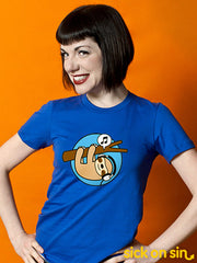 Cute Stereo Sloth design by Sick On Sin on women's blue tee